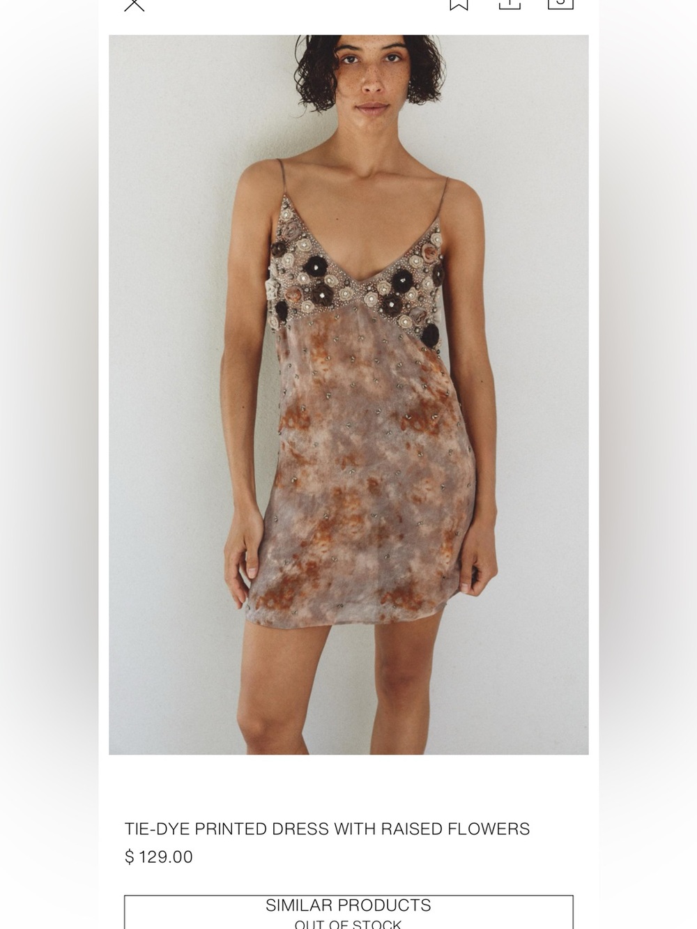 Zara Taupe and Rust Tie-Dye Mini Dress with Beaded Floral Trim